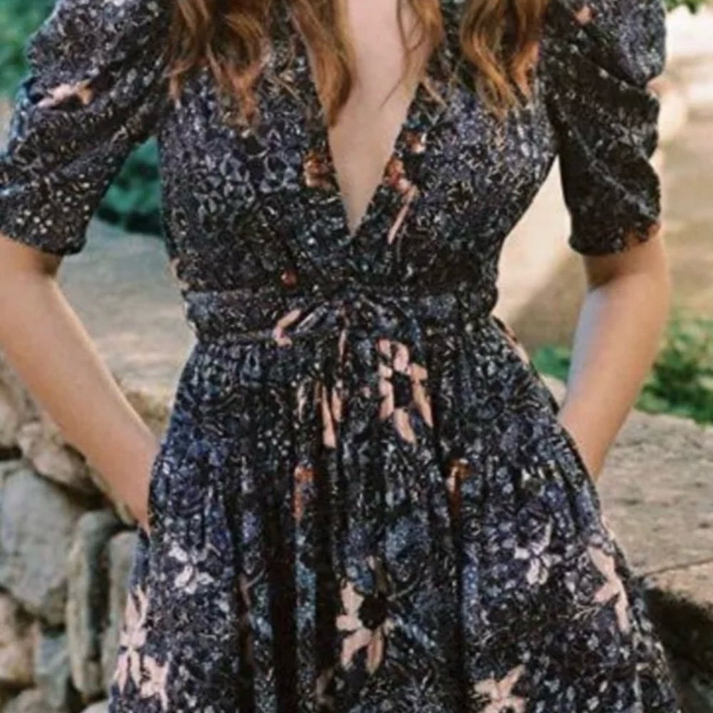 Ulla Johnson Floral Mini Dress - Navy, brown and peach